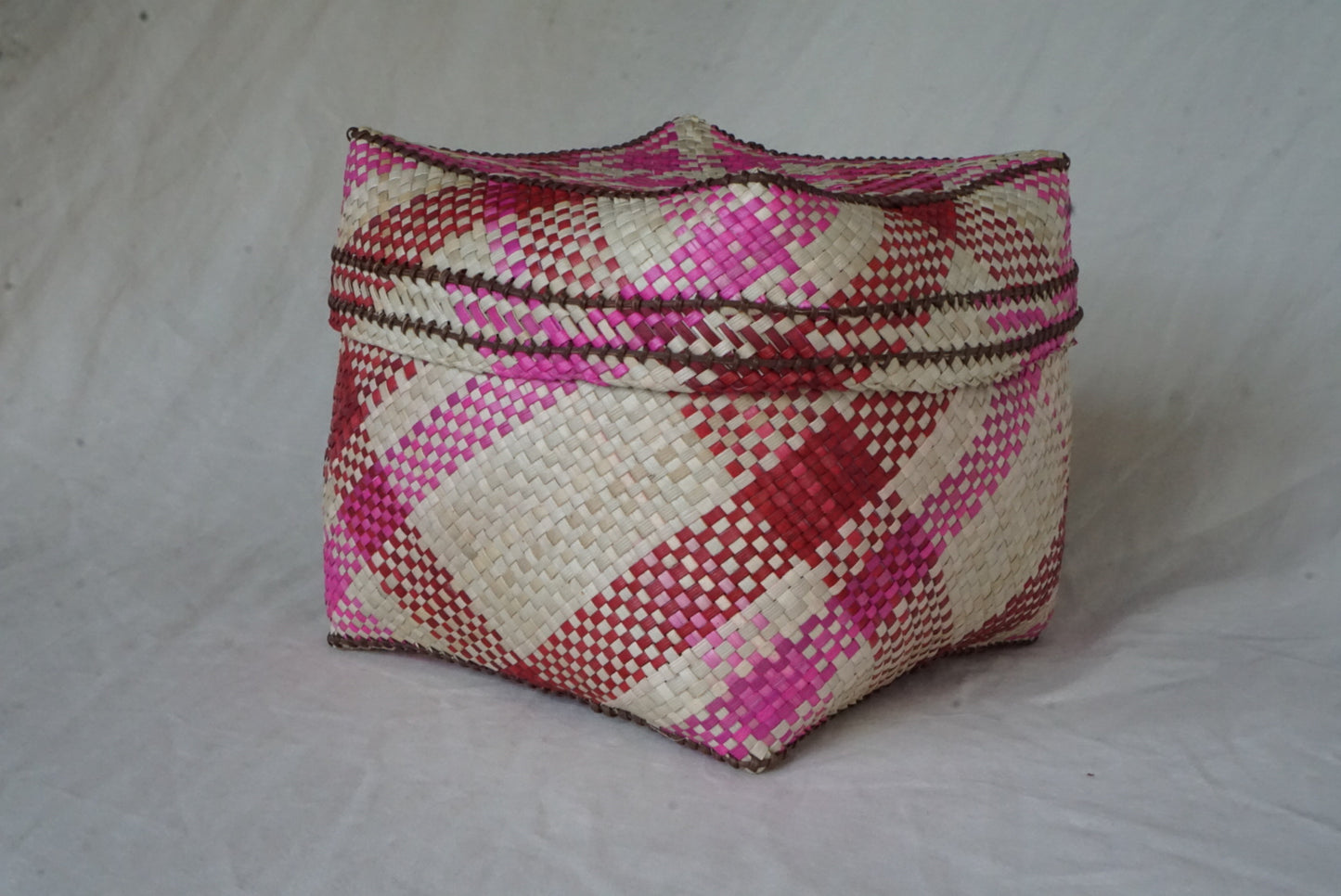 Handwoven Lidded Basket in Pink and Red