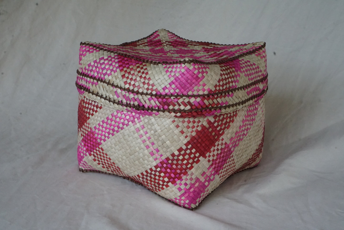 Handwoven Lidded Basket in Pink and Red