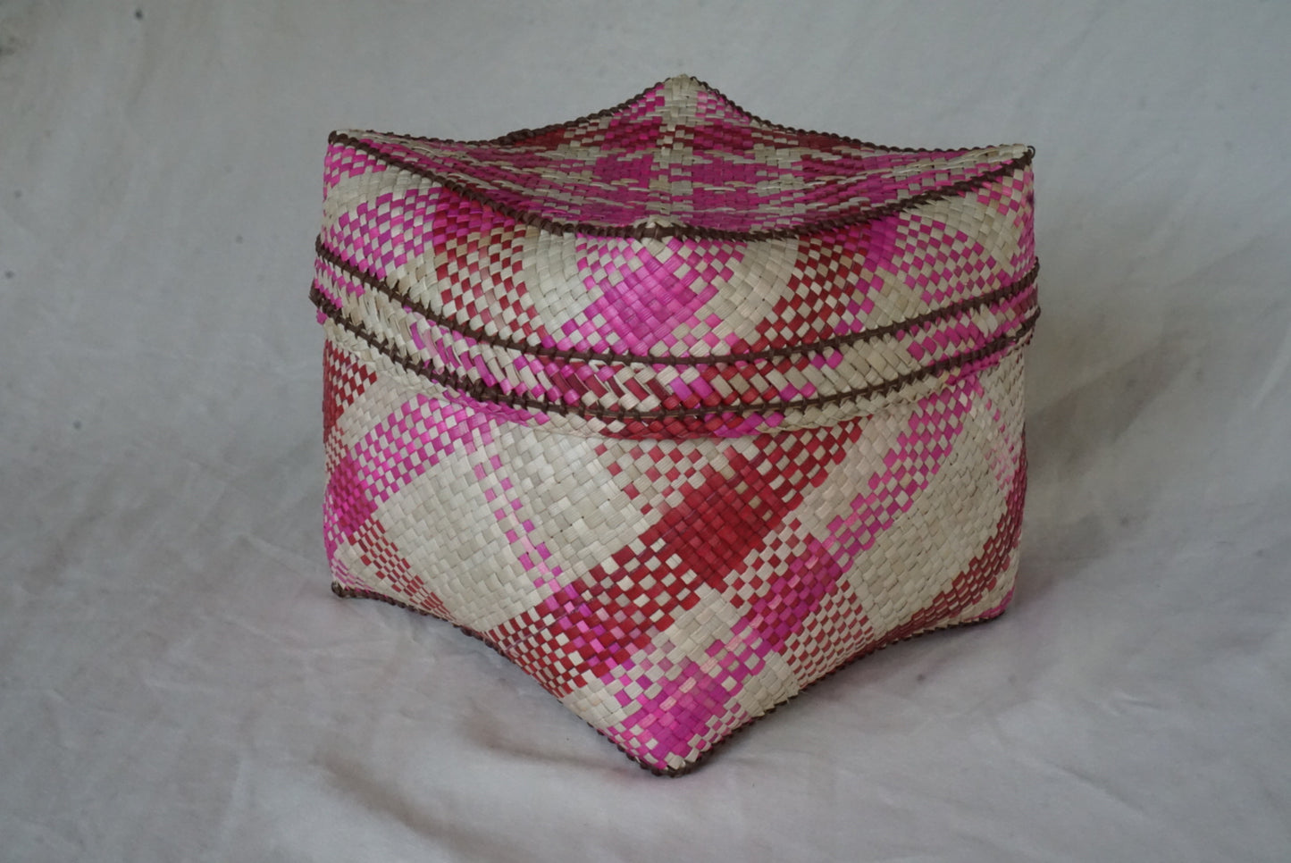 Handwoven Lidded Basket in Pink and Red