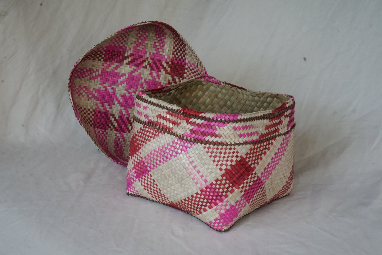 Handwoven Lidded Basket in Pink and Red