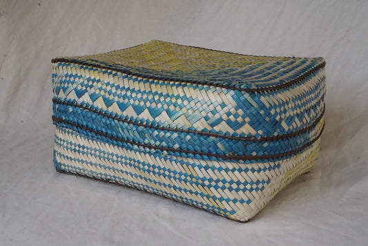 Handwoven Lidded Basket in Lightwash Yellow and Blue