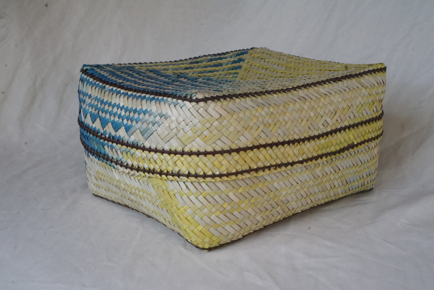 Handwoven Lidded Basket in Lightwash Yellow and Blue