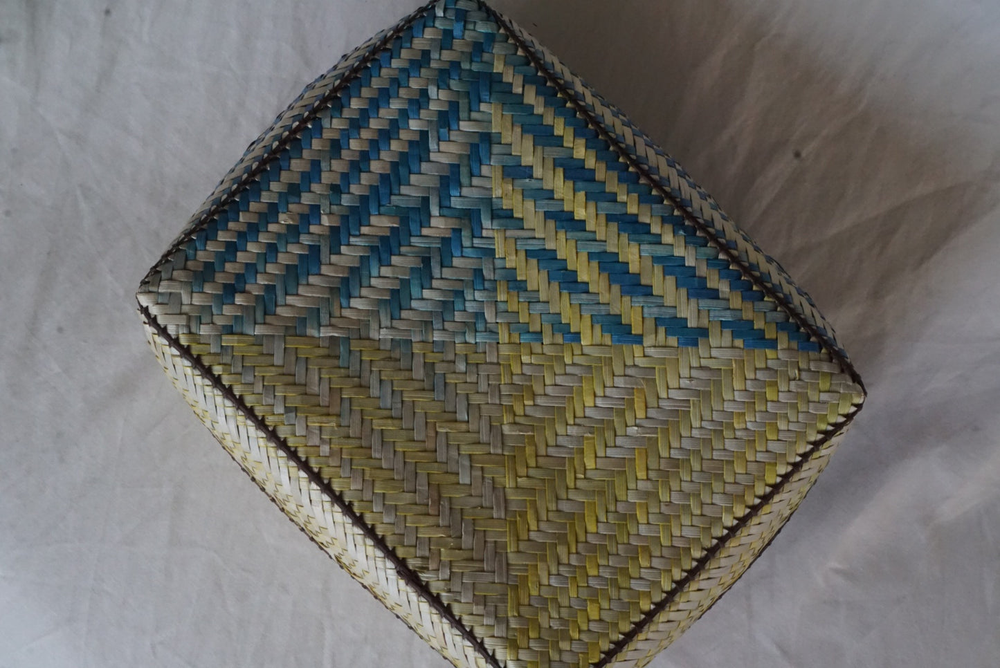 Handwoven Lidded Basket in Lightwash Yellow and Blue