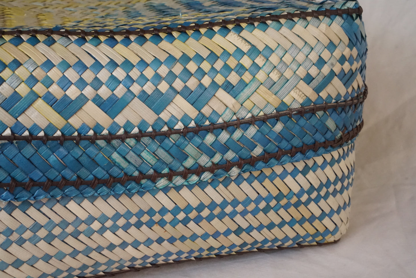 Handwoven Lidded Basket in Lightwash Yellow and Blue