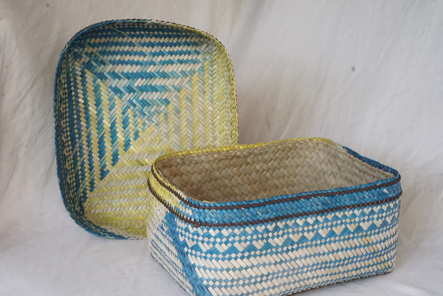 Handwoven Lidded Basket in Lightwash Yellow and Blue