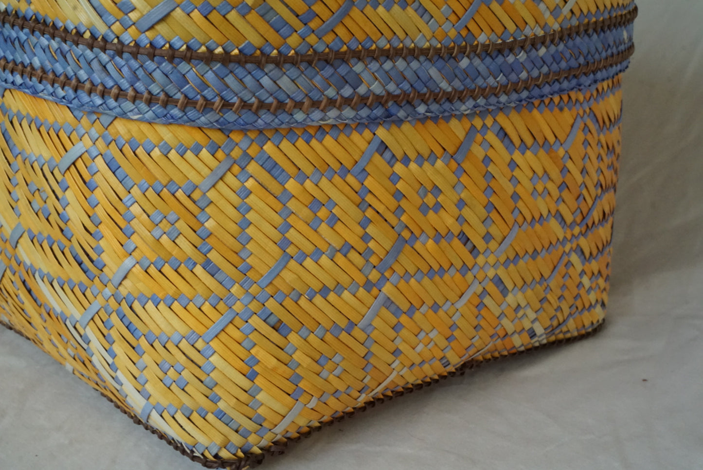 Handwoven Lidded Basket in Yellow and Light Purple